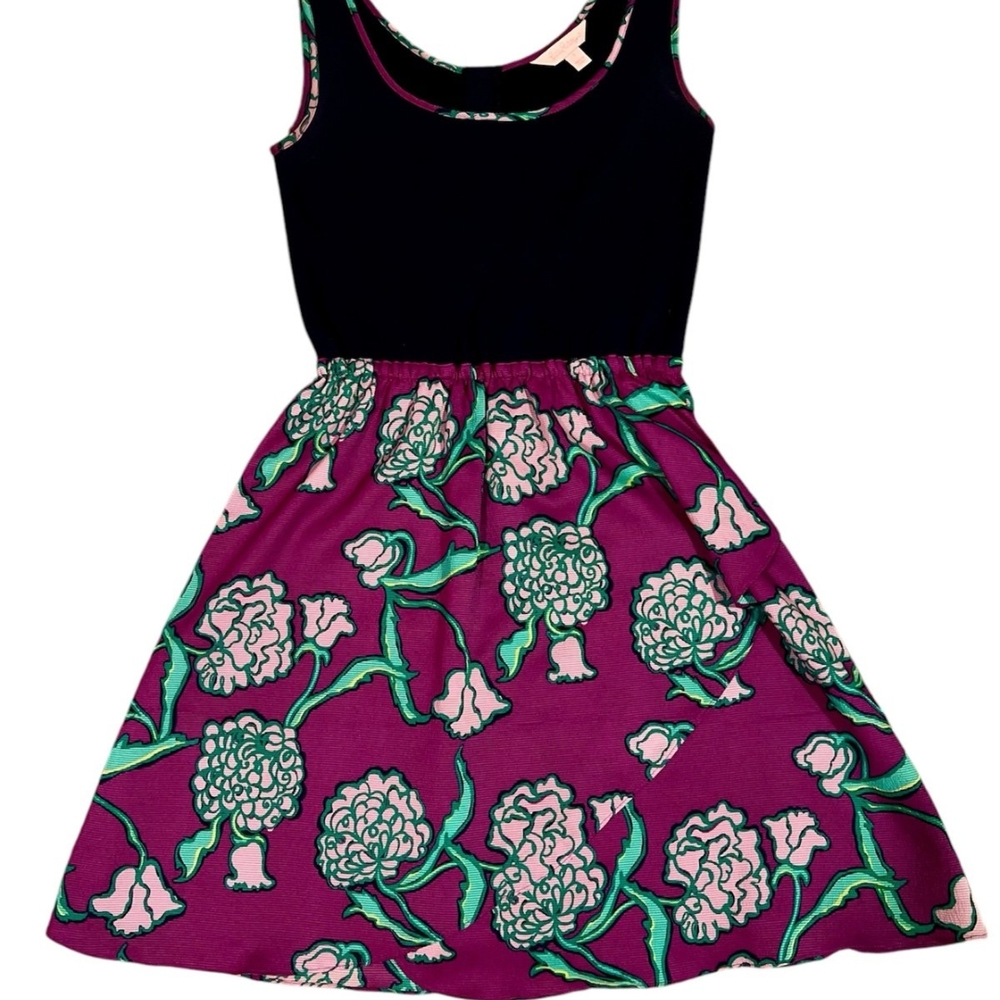 Lily Pulitzer Megyn Dress Black Bodice Full Purple Floral Skirt Women’s S